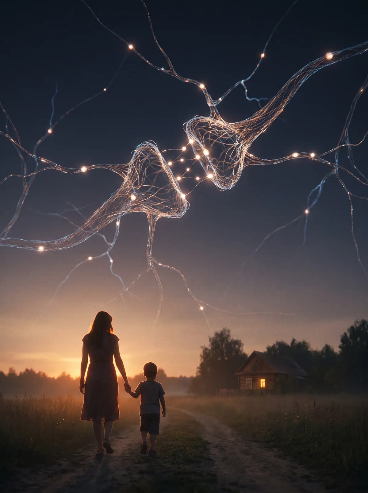 Uma mãe e uma criança caminhando de mãos dadas por um caminho de campo ao entardecer, vistas de costas; ao fundo uma casa com a janela acesa, e no céu dois neurônios desenhados em luz cujas terminações quase se tocam, formando uma sinapse.