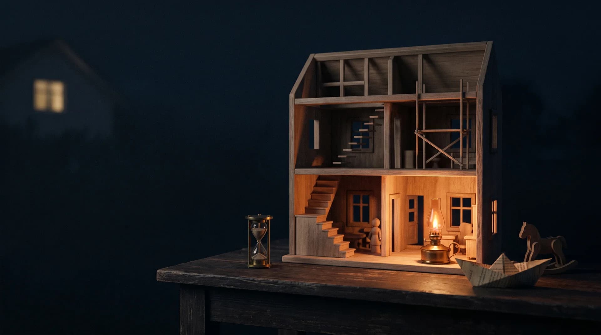 Uma casinha de madeira sobre a mesa: o térreo acabado e aceso por uma lamparina, o andar de cima ainda em andaime, e a escada entre os dois terminando em degraus soltos.