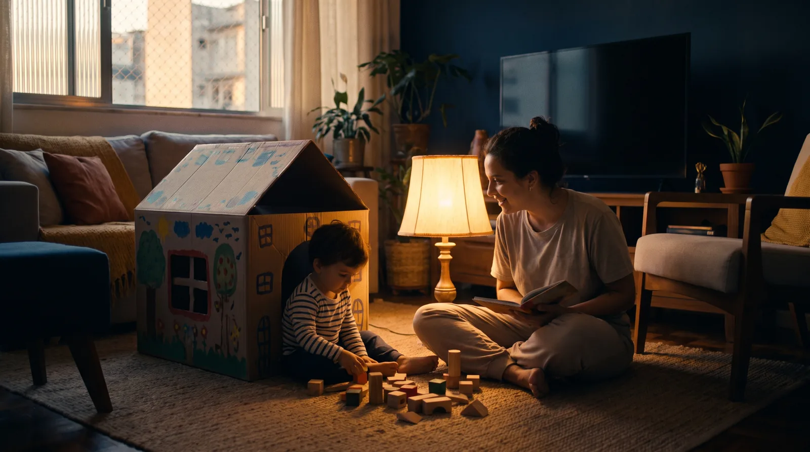 Sala de estar no fim da tarde: a televisão está desligada, uma criança brinca no tapete com uma casa de papelão e blocos de madeira, e a mãe está sentada no chão ao lado, com um livro na mão, observando.