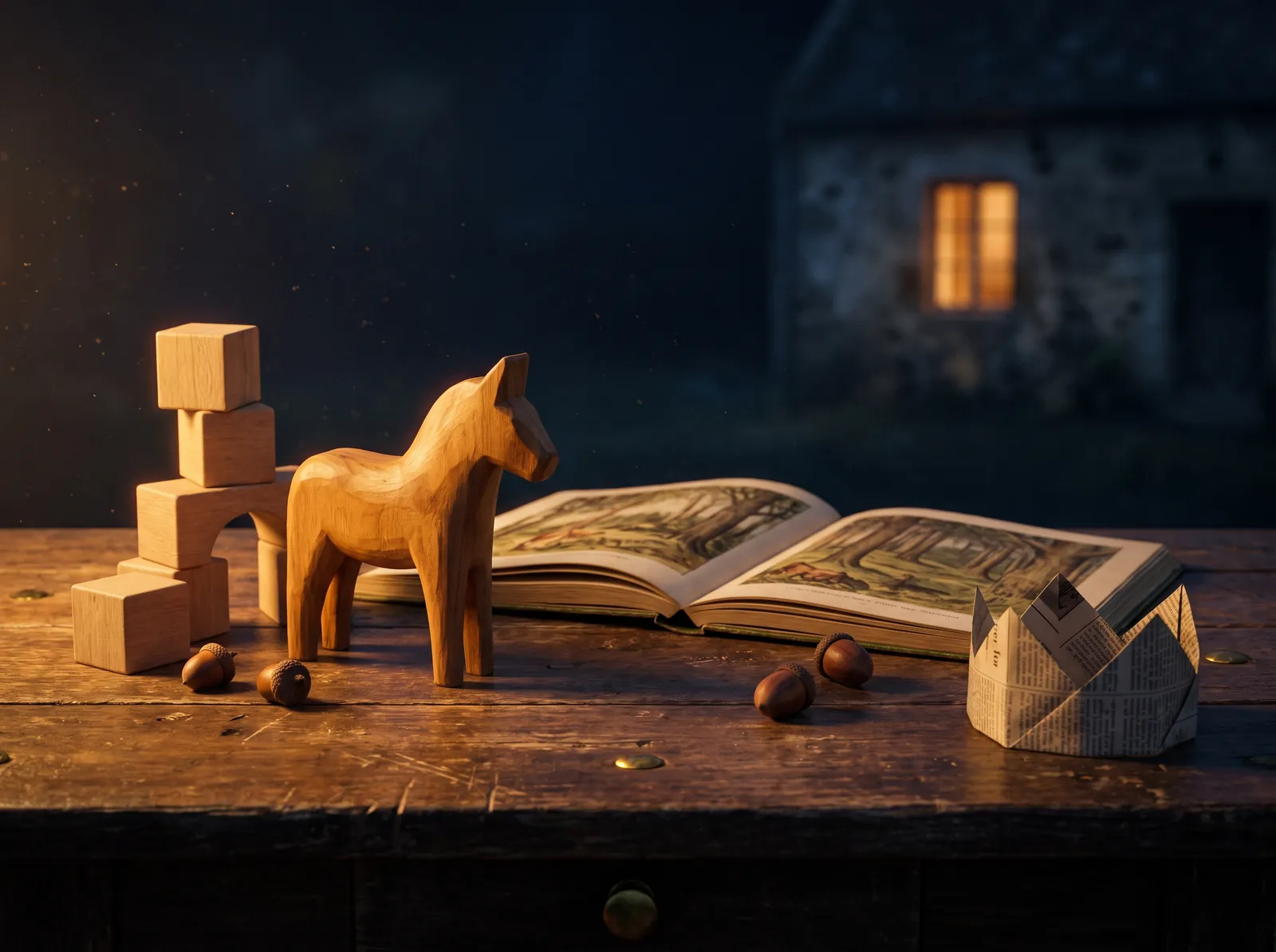Sobre uma mesa de madeira, à noite: um cavalinho de madeira, blocos empilhados, um livro ilustrado aberto, bolotas e uma coroa de papel; ao fundo, uma casa com uma janela acesa.